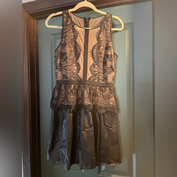 BCBG MaxAzria lace and vegan leather black dress